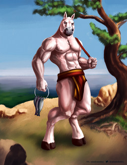 abs anthro blue_sky bottomwear brown_eyes clothed clothing digitigrade fish_meat food front_view glistening glistening_eyes grass hooves loincloth loincloth_only looking_at_viewer male male_anthro meat mouth_closed muscular muscular_anthro muscular_male navel nipples outside pecs pink_body plant sky solo standing topless tree water satanic_monkey equid equine horse mammal full-length_portrait hi_res portrait