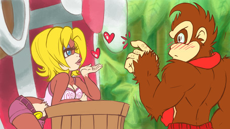 anthro bare_shoulders blonde_hair blue_eyes blush brown_body brown_fur clothing duo eyeshadow female fur hair heart_symbol lipstick makeup male muscular muscular_male navel necktie askprincessplum donkey_kong_(series) nintendo candy_kong donkey_kong_(character) ape haplorhine mammal monkey primate 16:9 hi_res widescreen