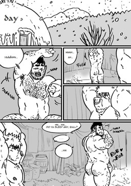 armpit_hair body_hair dialogue hairy male male/male muscular nipples nude snow text husky92 european_mythology greek_mythology mythology bovid bovine humanoid mammal minotaur orc comic english_text greyscale hi_res monochrome multiple_scenes