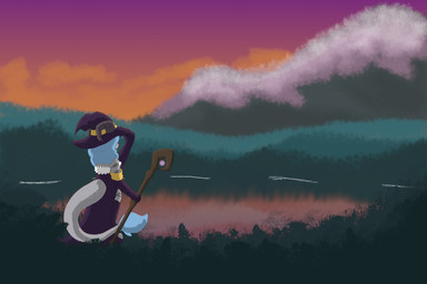 5_fingers anthro big_tail blue_hair breasts clothing cloud dress dusk female fingers forest fur gloves grass grey_body grey_fur hair handwear hat headgear headwear horn lake legwear long_hair mountain plant reflection sky snow solo staff standing stockings sunset tail tree water witch_hat chimerastories naville_redheart_(chimerastories) chimera hybrid mammal 3:2 absurd_res hi_res