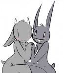 2_horns anthro blush breasts duo eye_bags female fur grey_body grey_fur grin horn looking_at_viewer male male/female nude scut_tail short_tail simple_background sitting slightly_chubby small_breasts smile tail thick_thighs touching_hands white_background white_horn yattermang nan_quest mirror_henry nan_(nq) bovid caprine goat lagomorph leporid mammal rabbit