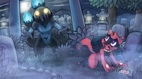 anthro black_body blue_fire cellphone cemetery colored_fire duo electronics fire front_view fur glistening glistening_eyes glowing glowing_eyes grass male moon night nude open_mouth outside phone plant purple_eyes red_body red_fur scared shrub side_view smartphone tree unsigned young young_anthro acidic nintendo pokemon generation_4_pokemon humanoid pokemon_(species) riolu 16:9 widescreen