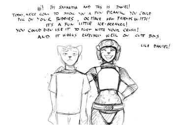 anthro armor bikini bikini_bottom bulletproof_vest clothing dialogue duo eyes_closed female hand_on_shoulder headgear helmet male midriff military_helmet open_mouth open_smile smile swimwear text two-piece_swimsuit hladilnik daniel_(hladilnik) samantha_thott canid canine canis domestic_dog mammal wolf comic english_text hi_res monochrome sketch