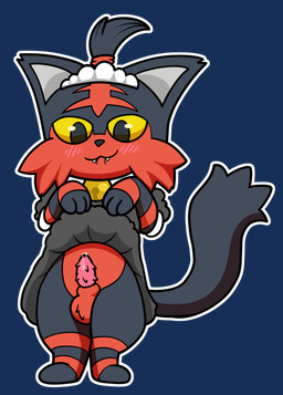 balls bite biting_lip blush bodily_fluids clothed clothing erection feral genital_fluids genitals hair maid_uniform male nude paws penile_spines penis precum presenting raised_clothing simple_background smile solo tail uniform young young_feral jakuya_art nintendo pokemon felid generation_7_pokemon litten mammal pokemon_(species) alpha_channel hi_res