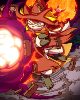 3_fingers anthro biped blue_eyes brimmed_hat chest_tuft clothed clothed_anthro clothing clothing_lift coat detailed_background ears_down explosion female fingers fire fireball fully_clothed fully_clothed_anthro hat headgear headwear hip_tuft inner_ear_fluff jumping landscape outside pivoted_ears plant red_nose solo teeth text tongue topwear tree tuft white_body kitfox-crimson palworld pocketpair vixen_the_wixen_(nyxcha) canid mammal pal_(species) wixen absurd_res digital_drawing_(artwork) digital_media_(artwork) hi_res shaded