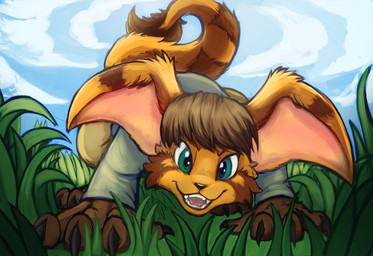 all_fours anthro black_claws brown_body brown_fur brown_hair claws clothed clothing fangs finger_claws fur glistening glistening_eyes grass green_eyes grey_clothing grey_topwear hair head_wings looking_at_viewer male markings membrane_(anatomy) membranous_wings open_mouth orange_body orange_fur outside pink_wings plant solo striped_body striped_fur striped_markings striped_tail stripes tail tail_markings teeth topwear unsigned unusual_wing_placement wings acidic slightly_damned jakkai