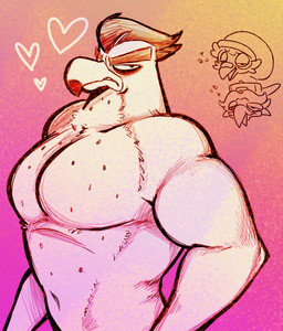annoyed anthro barazoku big_chest biped bodily_fluids clothed clothing cutaway drunk eyes_mostly_closed feathers frown gradient_background hair half-closed_eyes hat headgear headwear heart_symbol looking_at_viewer male narrowed_eyes navel pecs short_hair side_view simple_background solo substance_intoxication sweat sweatdrop topless topless_anthro topless_male salamikii disney ducktales ducktales_(2017) falcon_graves avian bird falcon falconid 2022 absurd_res half-length_portrait hi_res portrait shaded