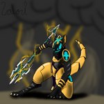 ankh athletic black_body black_fur blue_light desert egyptian electricity female fur gold_(metal) lightning machine mechanical_tail melee_weapon polearm sandstorm solo thunderstorm trident weapon valorious_graham protogen 1:1