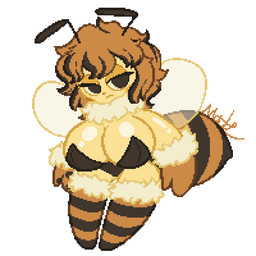 antennae_(anatomy) anthro arthropod_abdomen big_breasts biped breasts clothed clothing eyelashes female footwear front_view gloves hair handwear narrowed_eyes non-mammal_breasts simple_background socks solo white_background wings yellow_body matz_(pixiv) tarbee_(matz) arthropod bee hymenopteran insect 1:1 2023 digital_drawing_(artwork) digital_media_(artwork) pixel_(artwork) signature