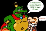 bloodshot_eyes bracelet cape clothing crown duo female headgear jewelry male text captainquack64 donkey_kong_(series) i_think_we're_gonna_have_to_kill_this_guy nintendo sega sonic_the_hedgehog_(series) sonic_x cream_the_rabbit king_k._rool kremling lagomorph leporid mammal rabbit scalie alpha_channel crossover english_text hi_res