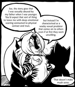 anthro breasts cowgirl_position dialogue duo female from_front_position male male/female nipples on_bottom on_top sex straddling text contemptforthiscourt zig_zag felid mammal mephitid pantherine skunk tiger black_and_white english_text low_res monochrome