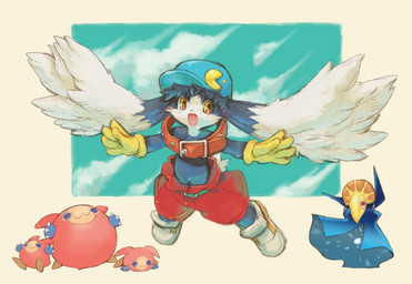 anthro blue_baseball_cap bottomwear clothing gloves green_clothing green_gloves green_handwear group handwear jumping kemono looking_at_viewer male open_mouth pants red_bottomwear red_clothing red_pants spread_arms young young_anthro young_male tatotake_mono bandai_namco klonoa_(series) ghadius klonoa moo_(klonoa) 2018 japanese_description
