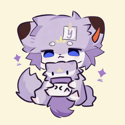 ambiguous_gender anthro black_ear_tips blue_eyes chibi dipstick_ears duo ear_markings fluffy fluffy_tail hug hugging_object hugging_plushie multicolored_ears plushie post-it_note purple_body simple_background tail unknown_artist 1:1 digital_drawing_(artwork) digital_media_(artwork) hi_res