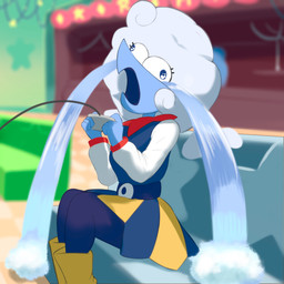 blue_body bodily_fluids clothed clothing controller crying female furniture game_controller hair inside not_furry solo tears waterfall_tears yaravik deltarune undertale_(series) elnina_(deltarune) darkner elemental_creature elemental_humanoid humanoid 1:1 absurd_res digital_media_(artwork) hi_res