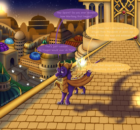 3_toes 4_fingers all_fours building dialogue duo feet feral fingers flying horn male purple_body purple_eyes scenery shadow structure sun sunset tail talking_to_another text toes wings yellow_body herakidpatrol activision mythology spyro_the_dragon the_legend_of_spyro sparx spyro arthropod dragon dragonfly insect mythological_creature mythological_scalie scalie 2021 digital_drawing_(artwork) digital_media_(artwork) english_text hi_res signature
