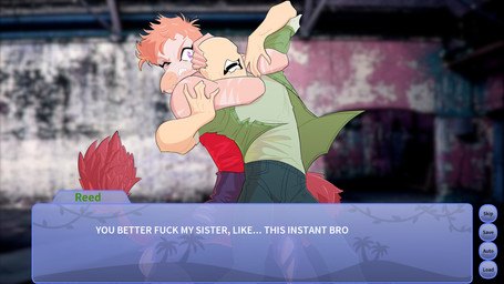 chokehold clothing faceless_character faceless_male hair headlock male purple_eyes red_hair text unknown_artist cavemanon_studios goodbye_volcano_high ko_op_(game_developer) snoot_game anon_(snoot_game) reed_(gvh) dinosaur human mammal prehistoric_species reptile scalie 16:9 hi_res widescreen