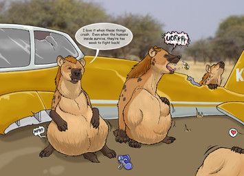 abdominal_bulge aircraft airplane ambiguous_gender burping clock dialogue feral group heart_symbol open_mouth outside text vehicle vore watch strega human hyena mammal spotted_hyena english_text hi_res