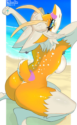 4_ears 5_fingers antennae_(anatomy) anthro armpit_hair back_markings bangs beach blue_eyes blue_nails blunt_bangs blush body_hair breasts butt colored_nails eyebrows eyelashes eyeshadow female fingers fur fur_tuft hair kemono makeup markings multi_ear multicolored_body multicolored_eyes nails nude open_mouth orange_body orange_ears orange_tail piercing presenting presenting_hindquarters purple_markings raised_arm rear_view short_hair short_tail side_boob sitting solo spots spotted_markings tail tan_body tan_ears tan_fur tan_hair thick_thighs tuft white_markings yellow_antennae yellow_eyes !dodn helvola_(!dodn) aquatic aquatic_gastropod gastropod mollusk sea_snail snail hi_res