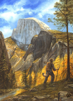 anthro backpack bottomwear brown_body brown_fur clothed clothing cloud cowboy_hat day detailed_background dipstick_tail fully_clothed fur furgonomics grass hat headgear headwear holding_object landscape looking_aside male markings mountain multicolored_tail nature outside pants plant river rock rolled_up_sleeves scenery scenery_porn shirt shovel sky solo tail tail_clothing tail_markings tools topwear tree walking_stick water wood yosemite blotch canid canine canis mammal wolf 2011 detailed