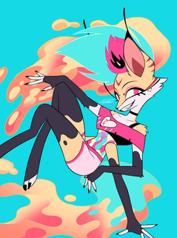 4_arms anthro blue_background chest_tuft cleavage_cutout clothed clothing cutout eyelashes female freckled_face freckles hair long_eyelashes multi_arm multi_limb multicolored_hair simple_background snout solo tuft enaic31 hellaverse helluva_boss mythology queen_bee-lzebub_(helluva_boss) arthropod bee canid canid_demon canine demon fox hellhound hybrid hymenopteran insect mammal mythological_canine mythological_creature absurd_res hi_res