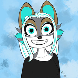 anthro cheek_tuft clothing facial_tuft female fur green_body green_fur green_highlights grey_body grey_fur grin hair highlights_(coloring) shirt smile solo t-shirt topwear tuft white_body white_fur white_hair wide_eyed zephyriwolf zephyri_q_wolf canid canine canis mammal wolf 1:1 hi_res