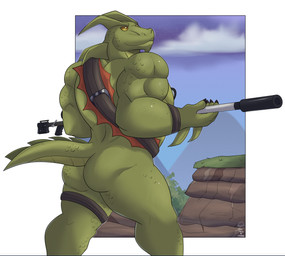 anthro biceps butt clothing deltoids green_body green_scales gun male mostly_nude muscular muscular_male ranged_weapon rear_view rifle scales smile sniper_rifle solo tail torn_clothing triceps weapon donttouchmylasagna epic_games fortnite mythology hybrid_(fortnite) dragon mythological_creature mythological_scalie scalie digital_media_(artwork)