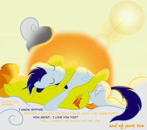 afterglow blue_body blue_feathers blue_fur cutie_mark duo feathered_wings feathers female feral fur hair heart_symbol hug love male multicolored_hair sun tail text wings taharon friendship_is_magic hasbro my_little_pony mythology soarin_(mlp) spitfire_(mlp) wonderbolts_(mlp) equid equine horse mammal mythological_creature mythological_equine pegasus pony 2011 comic english_text