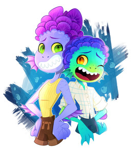 anthro blue_body blue_scales blue_skin bottomwear clothing duo fin freckles head_fin male one_eye_closed open_mouth purple_body purple_scales purple_skin scales shirt shorts simple_background smile split_form topwear wink young chaoseclips disney luca_(pixar) pixar alberto_scorfano luca_paguro aquatic humanoid merfolk 2021 hi_res