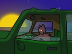 ambiguous_gender brown_body brown_fur brown_markings car car_interior car_mirror car_seat closed_window driving driving_car feral fur fur_markings handle light looking_ahead looking_offscreen markings open_window orange_eyes sea seaside sky solo star starry_sky sun sunlight sunset text vehicle water window nonassociatedidiot rain_world videocult gug_(rain_world) scavenger_(rain_world) 4:3 artist_name hi_res shaded signature