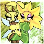 antennae_(anatomy) anthro big_breasts breast_squish breasts duo eyeshadow female flower green_eyes huge_breasts insect_wings makeup plant squish sunflower wings yuki_(artist) banjo-kazooie conker's_bad_fur_day rareware honey_b._(banjo-kazooie) miss_sunflower arthropod bee elemental_creature elemental_humanoid flora_fauna flower_creature flower_humanoid humanoid hymenopteran insect plant_humanoid low_res