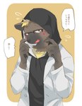 5_fingers anthro blonde_hair blush brown_body brown_fur clothing duo eyewear fingers fur glasses hair hoodie looking_at_viewer male speech_bubble text topwear bone_color919 lifewonders live_a_hero roiker hyena mammal spotted_hyena 2023 hi_res