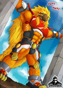 abs anthro armor armpit_hair bdsm blonde_hair bodily_fluids body_hair bondage bound chain clothing fur genital_fluids hair light male muffled muffled_speech muscular muscular_anthro muscular_male muzzle_(object) muzzled nipples orange_body orange_fur pecs pillar shaking solo sunlight sweat text vein veiny_muscles onodera bandai_namco digimon apollomon digimon_(species) hi_res
