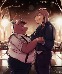 5_fingers anthro anthro_on_anthro athletic athletic_anthro athletic_male black_hair blonde_hair clothed clothed_anthro clothed_male clothing duo fingers fur hair hand_holding horn humanoid_hands male male/male night outside overweight overweight_anthro overweight_male pink_body pink_fur pink_skin romantic romantic_ambiance romantic_couple romantic_night smile tail mikrogoat abe_(mikrogoat) basil_(mikrogoat) domestic_pig lagomorph leporid mammal rabbit suid suine sus_(pig) 5:6 hi_res