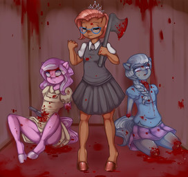 anthro anthrofied axe blood bodily_fluids bottomwear clothing crown dismemberment dress dripping eyes_closed eyewear female glasses gore grey_hair group hair headgear knife melee_weapon multicolored_hair pink_hair sitting skirt soul_devouring_eyes standing tiara two_tone_hair weapon white_hair misukitty friendship_is_magic hasbro my_little_pony babs_seed_(mlp) diamond_tiara_(mlp) silver_spoon_(mlp) earth_pony equid equine horse mammal pony 2014