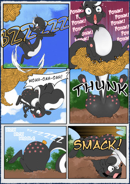 ambiguous_gender bee_sting big_butt black_body black_fur blush butt cork cork_in_butt dialogue female feral fluffy fluffy_tail fur group pain raised_tail running semi-anthro solo_focus sound_effects speech_bubble stuck swarm tail text white_body white_fur fridaysaturdaysunday lilac_le_fleur arthropod bee hymenopteran insect mammal mephitid skunk absurd_res comic english_text hi_res