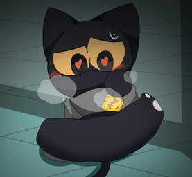 ambiguous_gender black_body blush blush_lines featureless_crotch heart_eyes heart_symbol holding_object looking_at_viewer null solo spread_legs spreading tail mehmemink google google_doodle magic_cat_academy momo_(google) domestic_cat felid feline felis mammal