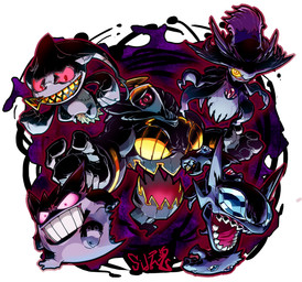 ambiguous_gender creepy fog group looking_at_viewer red_eyes shadow teeth sidotama nintendo pokemon banette dusknoir generation_1_pokemon generation_3_pokemon generation_4_pokemon gengar ghost mismagius pokemon_(species) sableye spirit hi_res