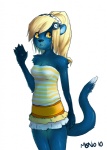 anthro biped blonde_hair blue_body blue_fur bottomwear clothing female fur hair mascot_contest skirt solo standing tail yellow_eyes monoth e621 mammal mustelid otter