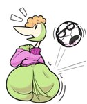 anthro ball beak big_butt bottomless butt butt_slap clothed clothing duo eyelashes eyewear female glasses green_body hair jacket jacket_only motion_lines multicolored_body orange_hair simple_background slap soccer soccer_ball sport surprised_expression tail tan_body topwear topwear_only white_background unknown_artist 31_minutos balon_von_bola patana avian bird hi_res