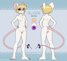5_fingers 5_toes anthro areola biped blonde_hair breasts butt claws eyewear feet female finger_claws fingers front_view fur genital_piercing genitals glasses hair hand_on_hip hand_on_own_hip labia_piercing looking_at_viewer navel nipples nude nude_anthro nude_female piercing purple_eyes rear_view small_breasts smile solo standing tail toe_claws toes vulva vulva_piercing white_body white_fur w4g4 clarice_(magsthe3rd) mammal mouse murid murine rodent 2025 digital_drawing_(artwork) digital_media_(artwork) hi_res model_sheet