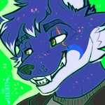 anthro blue_body blue_fur eye_scar facial_scar fangs_bared fur glowing green_eyes male scar simple_background solo gamibri reeno canid canine canis humanoid mammal wolf 1:1 hi_res