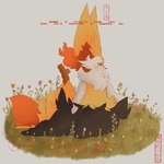 ambiguous_gender anthro blush flower grass huge_ears inner_ear_fluff orange_eyes plant sitting sitting_on_ground solo stick tail text thick_thighs tuft sarifairy nintendo pokemon braixen generation_6_pokemon pokemon_(species) 1:1 absurd_res english_text hi_res