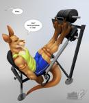 3_toes anthro barefoot biped claws clothing feet fur gym leg_press male muscular muscular_anthro muscular_male solo spread_toes tail toes vallhound knox_(kangaroo) kangaroo macropod mammal marsupial 2019 digital_media_(artwork)