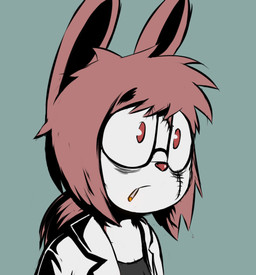 anthro breasts cigarette eye_bags eyewear facial_scar female fur glasses hair light messy_hair pink_body pink_fur red_eyes red_nose scar solo e254e dr._emilia_(e254e) lagomorph leporid mammal rabbit bust_portrait lighting portrait shaded