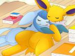 bed book bulge duo featureless_crotch female feral furniture hug male pillow sleeping spread_legs spreading thick_thighs pkm-150 eeveelution_squad nintendo pokemon eeveelution generation_1_pokemon generation_4_pokemon glaceon jolteon pokemon_(species) 4:3