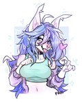 anthro bat_nose blue_hair breasts clothed clothing collar female front_view fully_clothed fur hair heart_symbol inner_ear_fluff long_hair midriff pink_nose smile solo tongue tongue_out tuft white_body white_fur f-r95 prism_(prsmrti) bat mammal 2024 absurd_res hi_res