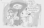 anthro basket breasts container dialogue duo featureless_breasts featureless_crotch female forest male plant scarf text tree lilmoonie hoshi_(lilmoonie) canid canine fox human mammal 2021 comic english_text greyscale monochrome