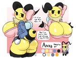 antennae_(anatomy) anthro arthropod_abdomen big_breasts big_butt black_eyes blush bottomwear bow_ribbon breasts butt cleavage cleavage_cutout clothed clothing cutout describing_fit dialogue female heart_symbol huge_breasts jacket legwear looking_at_viewer looking_back shorts smile solo speech_bubble sweater text thick_thighs thigh_highs tongue tongue_out topwear undersized_clothing wide_hips wings yellow_body woebeeme annabee_(woebeeme) arthropod bee hymenopteran insect absurd_res english_text hi_res model_sheet