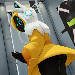 ambiguous_gender black_body blue_eyes clothing coat detailed_background dialogue electronics fitting_room headgear headphones headset latex liquid_latex not_furry raincoat solo text topwear white_latex yellow_clothing ozoneserpent mimi_(vmimi) humanoid shadow_creature 1:1 2025 english_text hi_res female_(lore)