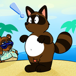aloha_shirt anthro balls beach belly brown_body brown_fur chibi clothing duo exclamation_point eyewear fur genitals male outside pattern_clothing pattern_shirt pattern_topwear penis seaside shirt slightly_chubby sunglasses topwear water nishi_oxnard animal_crossing nintendo pokie_(pokiedragon25) tom_nook_(animal_crossing) canid canine mammal raccoon_dog tanuki 1:1 2020